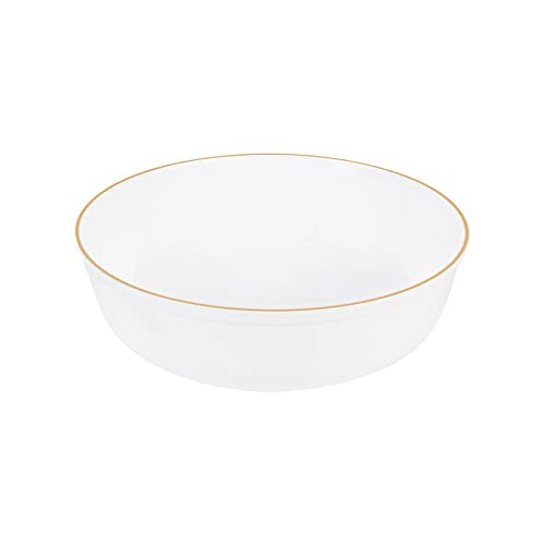 [30 Pack 16 OZ Bowls] Edge Collection White with Gold Rim Plastic Party Soup Bowls Premium heavyweight Elegant Disposable Tableware Dishes