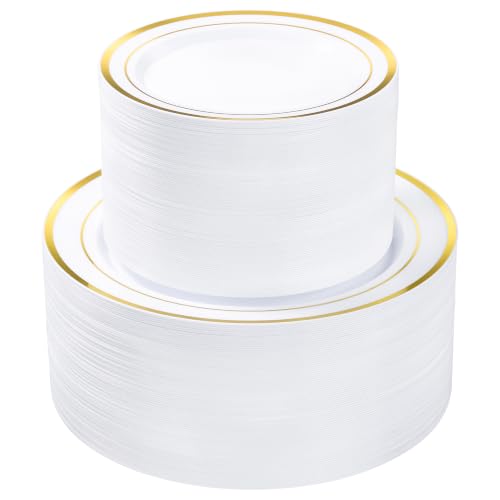 BESTVIP 200PCS Gold Plastic Plate, Disposable Party Plates | 100 Dinner Plates and 100 Dessert Plates, Plastic Plates for Party, Wedding and Birthday