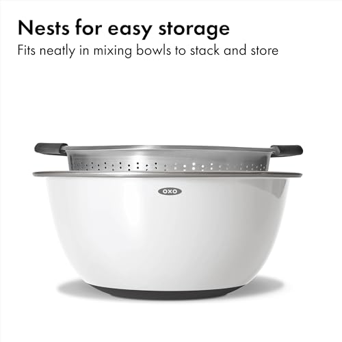 OXO Good Grips Strainer - 5 Qt Capacity, Stainless Steel | Colander, Nesting Design For Easy Storage, Non-Slip Handles, Drains Pasta And Vegetables, Dishwasher Safe