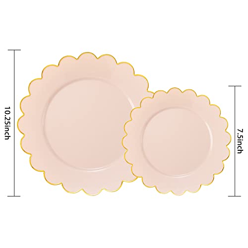 LIYH 60 Pcs Pink Plastic Plates with Gold Rim for Bridal Shower & Party | Heavy Duty Disposable Pink and Gold Scalloped Plates with 30 Dinner 10.25" & 30 Dessert Plates 7.5" for Weddings & Birthdays