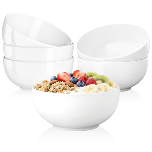 Quatish Cereal Bowls Set of 6, 24 OZ Soup Bowl, Durable Ceramic Bowls | Easy to Clean, Microwave & Dishwasher Freezer Safe, Rice, Snacks, Desserts, Fruit, Kitchen, Rice, Noodle, Breakfast, White