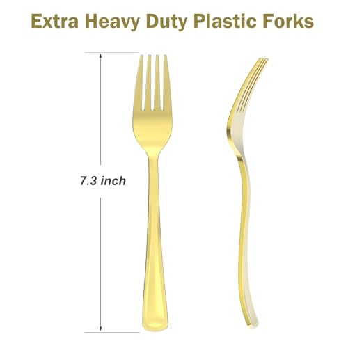 Dealusy 100 Count Heavy Duty Gold Plastic Forks Disposable | BPA-Free, Heat Resistant, Solid and Durable Premium Plastic Disposable Forks for Party Supply