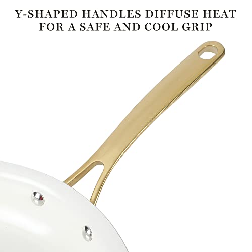 Martha Stewart Lockton Premium Non stick Non Toxic PFA Free Ceramic Interior 10 Piece Heavy Gauge Enamel Aluminum Pots and Pans Cookware Set - Linen White w/Gold Handle