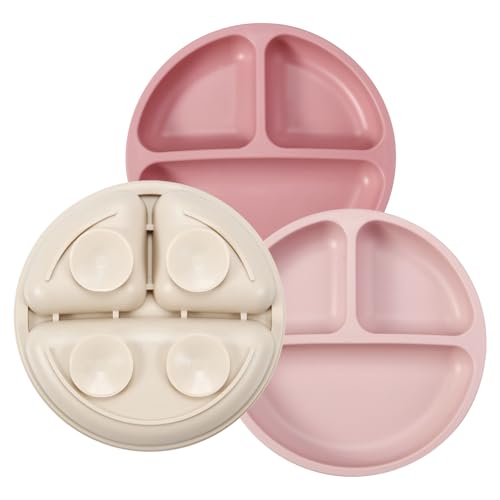 PandaEar 3 Pack Toddler Plates, Silicone Divided Suction Plate for Babies, BPA-Free 100% Food-Grade Silicone Unbreakable Baby Plate, Pink/Linen/Light Pink