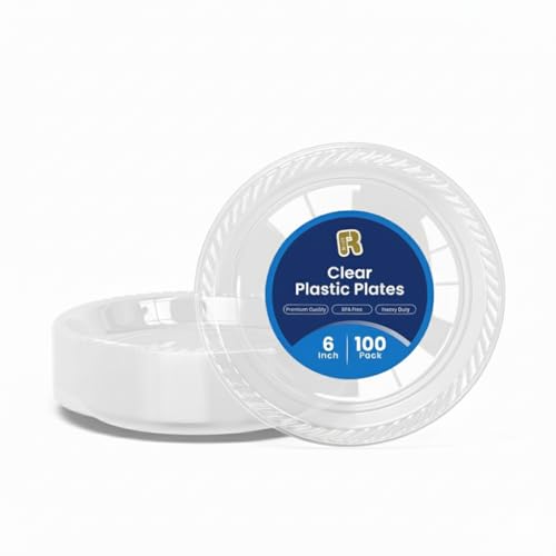 R-kay 100 Pack 6 Inch Clear Plastic Plates - Heavy Duty Small Dessert Plates - Microwavable Small Appetizer Plates - Premium 6 inch Disposable Plates