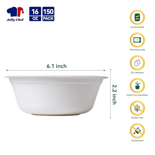 Compostable Disposable Paper Bowl 16 oz Heavy Duty Soup Containers 150 Pack | Biodegradable Bagasse Hot Cold Food Eco-Friendly Sugarcane Microwavable Bowls for Salad Milk