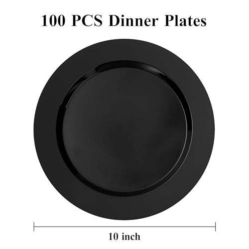 Bestluck 100PCS Black Plastic Dinner Plates 10 Inch for 100 Guests | Premium Hard Disposable Plates for Party, Wedding for Party, Graduation, Wedding,Easy Clean & Reusable