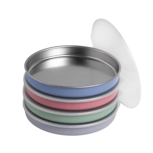 Elk and Friends Kids/Toddler 7.8" Stainless Steel Plates + Lids | 4pk | Suitable for Babies | Silicone Sleeves | Non Divided | Lids Included | Non Slip Dinnerware | Dishwasher Safe