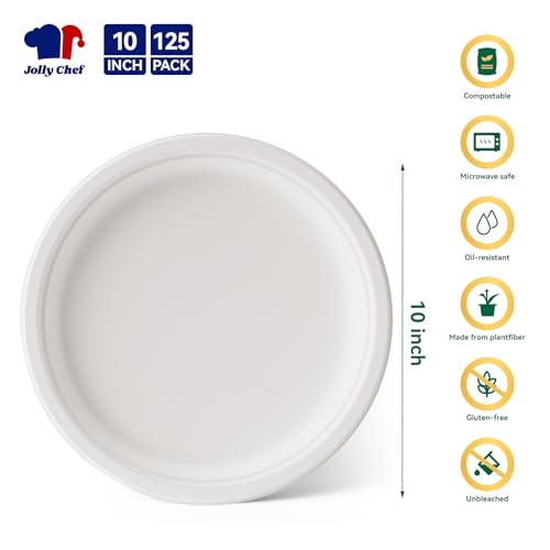 Compostable Heavy Duty 10 Inch 125 Pack Disposable Eco-Friendly Paper Plate | White Uncoated Plates Made of Bagasse Biodegradable for Hot Cold Food Party Dinner Sugarcane Fibers