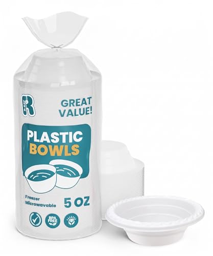 R-kay Plastic Bowls - 100 Count Microwavable Disposable Bowls - Strong Heavy Duty And Sturdy White Plastic Bowls Disposable (5 OZ, 100)