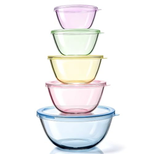 5 Pack Glass Mixing Bowls with Lids Set(4.78QT,2.2QT,1.7QT,1.1QT,0.85QT) | Color Thick Glass Large Salad Bowls,Nesting Bowls for Kitchen Baking,Prepping,Cooking,Serving,Dishwasher Microwave Oven Safe