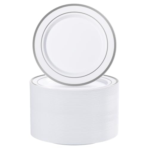BESTVIP 100PCS 7 Inch Silver Plastic Dessert Plates, Disposable Plate | Plastic Plates with Silver Rim for Salad/Samll Cakes, Heavy Duty Plates for Party, Wedding and Birthday, Events