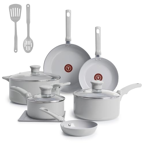 T-Fal Refresh Ceramic Nonstick Pots and Pans Set, 12-Piece, Moon Grey