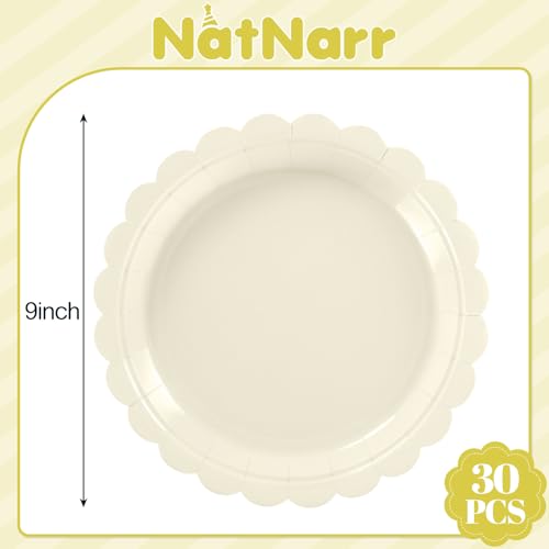 NatNarr 30 Pk Ivory Paper Plates 9" Disposable Scalloped Cream Beige Plates | Wedding Dessert Cake Plate Party Dinner Plates for for Engagement, Baby Bridal Shower, Fall Thanksgiving, Oil&Water Resistant