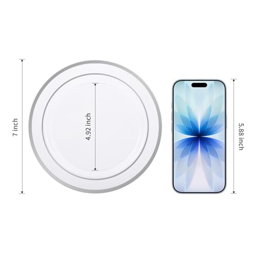 BESTVIP 100PCS 7 Inch Silver Plastic Dessert Plates, Disposable Plate | Plastic Plates with Silver Rim for Salad/Samll Cakes, Heavy Duty Plates for Party, Wedding and Birthday, Events