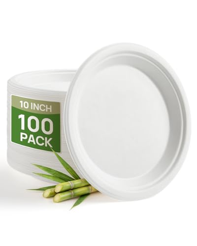 Goodluck 10 Inch White Compostable Sugarcane Paper Plates, 100 Pack | 100% FSC Certified Bagasse Plates, Heavy Duty, Eco Friendly Disposable Dinnerware for Party, Wedding, BBQ & Everyday Use