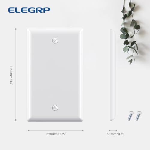 ELEGRP 1-Gang Blank Device Wall Plates, Standard Size 4.5" H x 2.75 L Unbreakable Thermoplastic Blank Faceplate Cover for Unused Outlets/Switches, UL Listed (5 Pack, Glossy White)