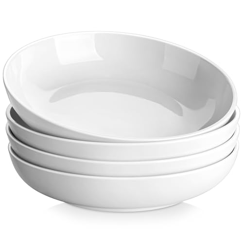 MALACASA 10" Large Pasta Bowls Set of 4, 56 OZ Wide and Shallow Salad Bowls Soup Bowls, Porcelain White Serving Bowls, Kitchen Bowl Plates Pasta Plates, Microwave & Dishwasher Safe, Series REGULAR
