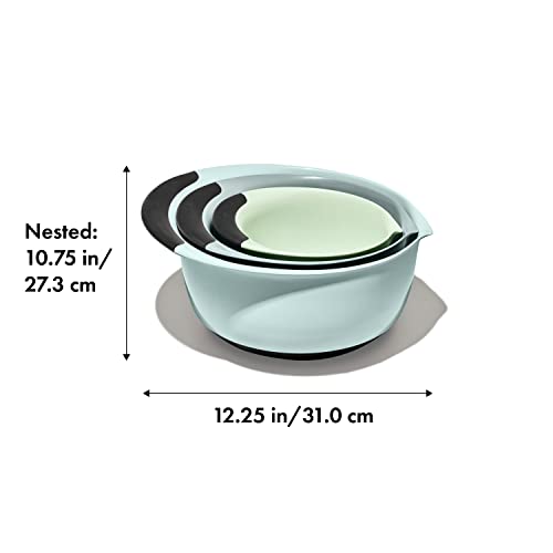 OXO Good Grips 3-Piece Plastic Mixing Bowl Set- Blue, Gray, Jade | 1.5, 3 & 5 Qt Capacities, Wide Spouts To Pour , Non-Slip Base, Nest for Storage, Ideal for Mixing and Baking, Dishwasher Safe