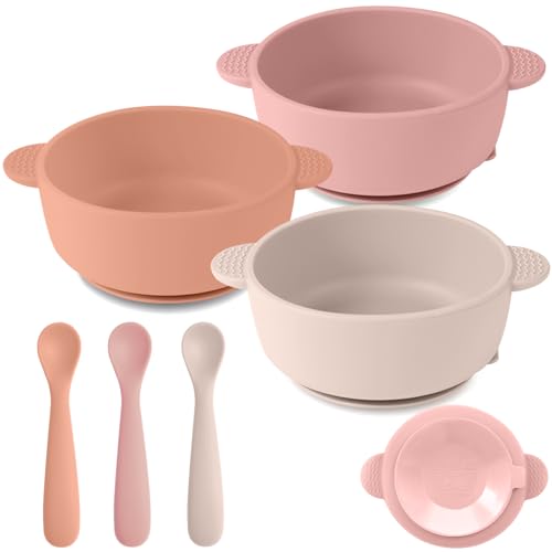Eascrozn 3 Pack Baby Bowls with Suction and 3 Pack Baby Spoons, BPA Free | Food Grade Silicone Baby Feeding Set for Babies Toddler Kids, Microwave and Dishwasher Safe