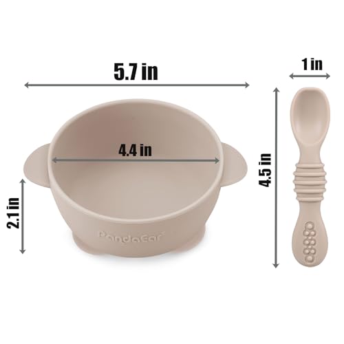 PandaEar 3 Pack Silicone Suction Baby Bowls & 3 Baby Feeding Spoons | Non-Slip Stay Put Bowls & Soft Silicone First Stage Spoons for Toddlers, BPA-Free Baby Led Weaning Set, Linen Brown Tan
