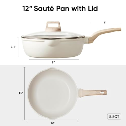 CAROTE 12 Inch Nonstick Deep Frying Pan with Lid, 5.5 Qt White Granite