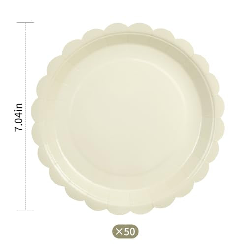 Goodluck 50 PCS Ivory Paper Plates 7 In Scalloped Disposable Dessert Plates | Small Appetizer Cake Plates for Wedding, Baby Shower, Birthday Party