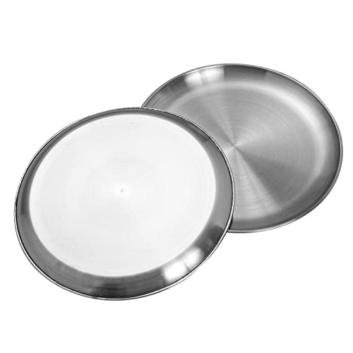 CAMBUY Stainless Steel Plates 10 inch 4 Pcs Metal Dinner Dishes Plate Set | Reusable Unbreakable Lightweight Non-Toxin Dishwasher Safe BPA Free Dish Set for Home Kitchen BBQ Restaurant Outdoor Camping