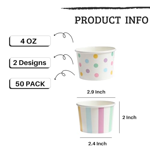 Winoo Design Small Ice Cream Cups Disposable - 50 PK - Paper Ice Cream Cups 4 oz Mini Sundae Bowls Treat Cups Containers (2 Assorted Designs 4oz Cups)