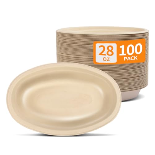 Celel 28 oz Oval Paper Bowls 100 Pack For Burrito, Nacho, Taco Salad | PFAS-Free Oval Disposable Bowls As Nacho Trays Chipotle Serving Bowls Taco Boats, Compostable Microwavable Taco Bar Supplies