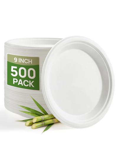 Goodluck 9 Inch Bulk Compostable Sugarcane Plates 500 Pack, White | 100% FSC Certified Heavy Duty Plates, Commercial Eco Friendly Disposable Plates for Party, Wedding, Catering & Everyday Use