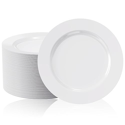 FOCUSLINE 100 White Plastic Plates, 10" Disposable Heavy Duty Dinner Plates | Premium Hard Plastic Plates Fancy Disposable White Dinner Plates for Weddings, Parties and Events