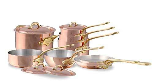 Mauviel M'Heritage 150 B 1.5mm Polished Copper & Stainless Steel 12-Piece Cookware Set With Brass Handles, Made In France