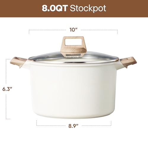 CAROTE Nonstick Stock Pot with Lid, 8 Quart White Granite