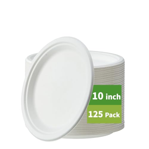 Jaluxing [125-Pack 10 Inch Paper Plates, Heavy Duty Disposable Party Plates Sugarcane Bagasse, White Unbleached 10" Dinner Paper Plate