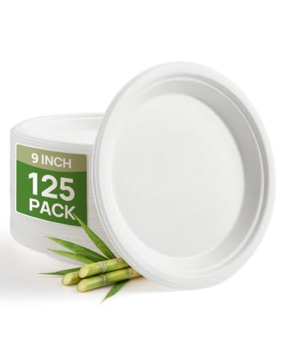 Goodluck 9 Inch White Compostable Sugarcane Paper Plates 125 Pack | 100% FSC Certified Heavy Duty Plates, Commercial Eco Friendly Disposable Plates for Party, Wedding,Catering & Everyday Use