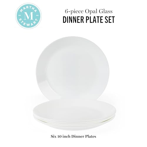 Martha Stewart Opalton Dinner Plates 6-Piece 10-Inch Plate Set – Chip and Break Resistant Opal Glass Plates - White