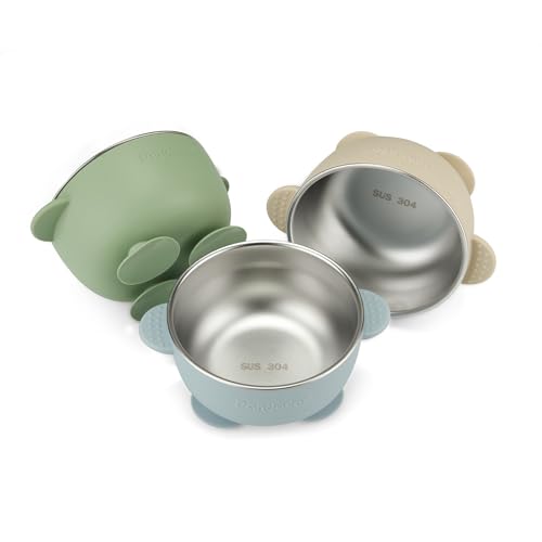 PandaEar 3 Pack Stainless Steel Baby Suction Bowls, Non-Slip Child Food Bowl with Silicone Sleeve for Kids Toddlers Infants, Unbreakable & Mess Free (Blue Green Beige)