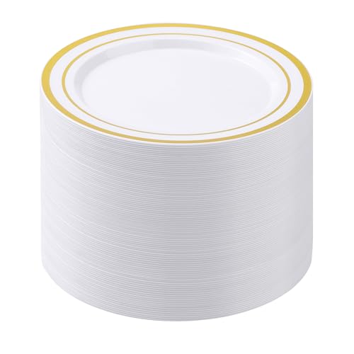 BESTSTAR 100PCS White Plastic Plates for Party | 10.25 Inch Disposable Plates with Gold Rim, Heavy Duty Dinner Plates for Party, Wedding and Birthday