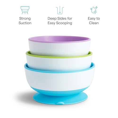 Munchkin Stay Put Suction Bowls for Baby, 3 Pack, Blue/Green/Purple