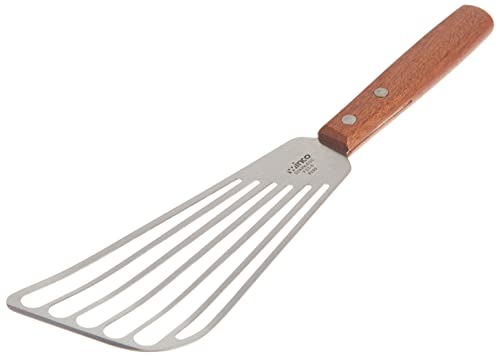 Winco Fish Stainless Steel Commercial Spatula | Dishwasher safe, Slotted design for efficient drainage, Wooden handle for comfortable grip, Great for Eggs and Kitchen Prep