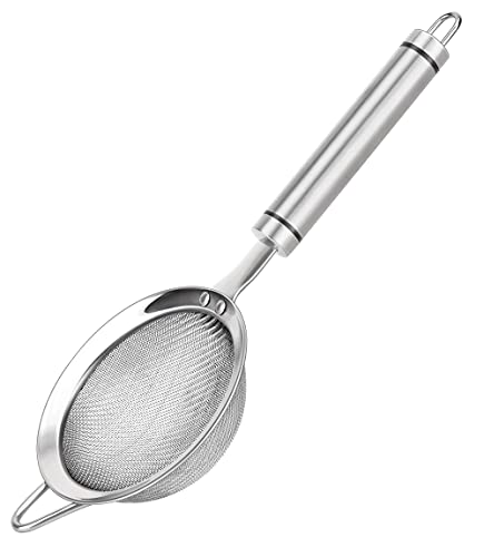 SUNWUKIN Fine Mesh Strainer with Handle Tea Sifter Stainless Steel Sieve | 18/8 Metal, Dishwasher Safe, Small strainer, Reinforced rim, Rust-proof, Hang loop, Filter for Food Rice Fruits Juice Drinks