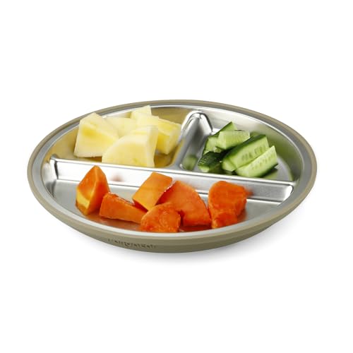 PandaEar 3 Pack Stainless Steel Baby Suction Plates, Divided Toddler Plate for Baby Led Weaning Supplies, Non-Slip Toddler Baby Feeding Set Dishwasher Safe (Blue/Green/Brown)