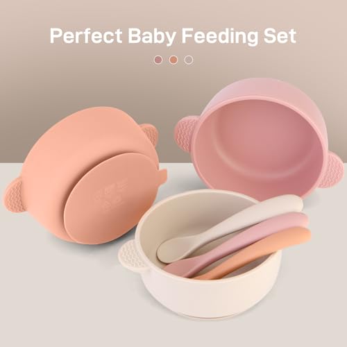 Eascrozn 3 Pack Baby Bowls with Suction and 3 Pack Baby Spoons, BPA Free | Food Grade Silicone Baby Feeding Set for Babies Toddler Kids, Microwave and Dishwasher Safe