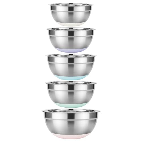 Idymere 5PCS Stainless Steel Mixing Bowls Set With Non-Slip Silicone Base | 1.5/2/2.5/3.4/5.3Qt, Nesting Space Saving, Dishwasher Safe, Metal Prep Bowl For Mixing Baking, Serving, Kitchen Food Storage