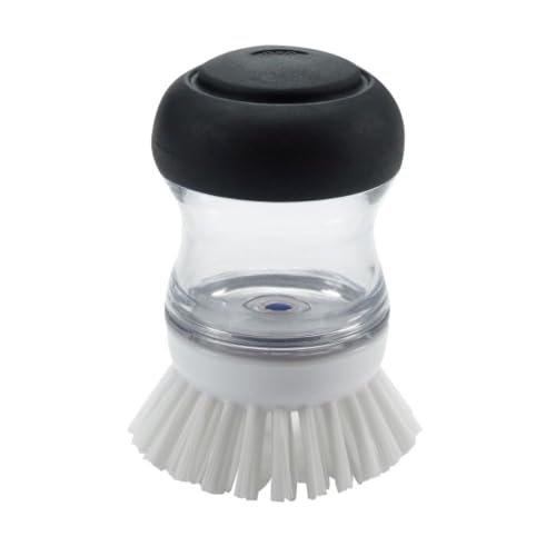 OXO Good Grips Soap Dispensing Palm Brush | Dish Scrub, Safe for All Cookware, Push-Button to Dispense Soap, Easy to Refill, Ideal for Cleaning Dishes