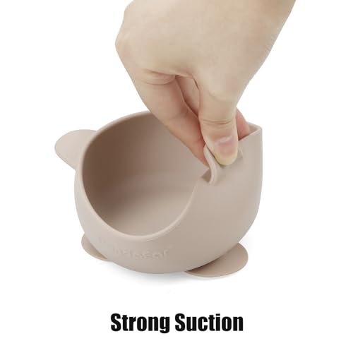 PandaEar 3 Pack Silicone Suction Baby Bowls & 3 Baby Feeding Spoons | Non-Slip Stay Put Bowls & Soft Silicone First Stage Spoons for Toddlers, BPA-Free Baby Led Weaning Set, Linen Brown Tan