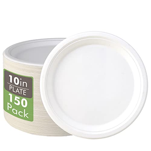 Vplus 150 Pack Compostable Bagasse Paper Plates 10.25 inch, White | Super Strong Paper Plates, 100% Bagasse, Natural Biodegradable, for Dinner, Gathering, and Picnic