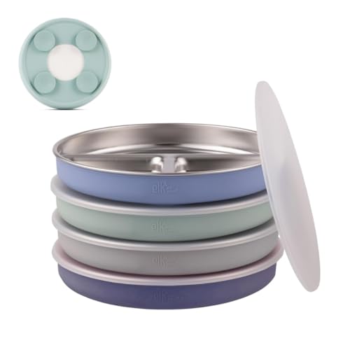 Elk and Friends Kids/Toddler 7.8" Stainless Steel Divided Plate + Lid | 4pk | Suitable for Babies | Silicone Suction Sleeves | Lids Included | Dishwasher Safe | Baby Weaning Supplies