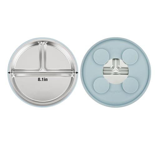 PandaEar 3 Pack Stainless Steel Baby Suction Plates, Divided Toddler Plate for Baby Led Weaning Supplies, Non-Slip Toddler Baby Feeding Set Dishwasher Safe (Blue/Green/Brown)